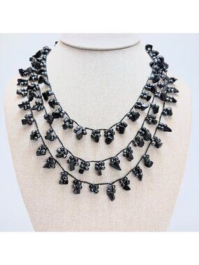 Triple Strand Nesting Black Bead Onyx Glass Necklace Lobster Clasp 16" Length